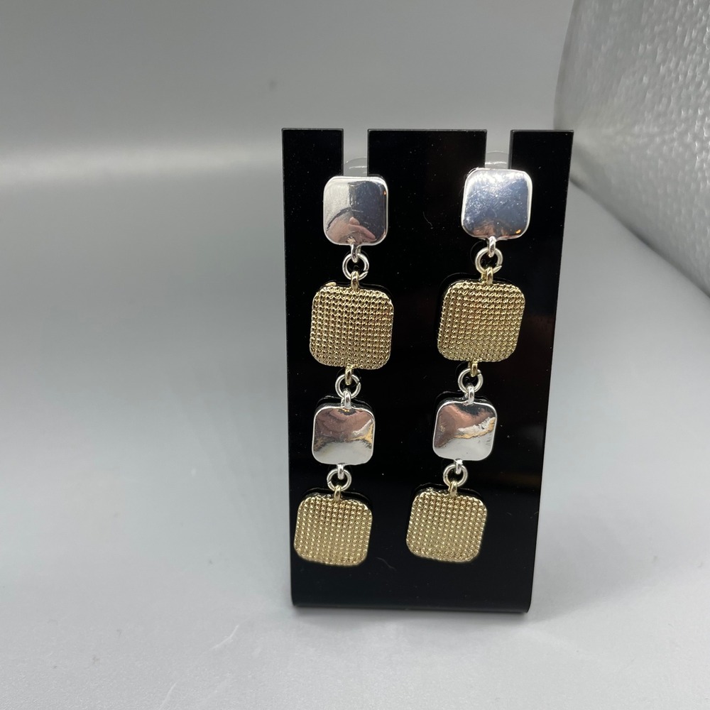 Vintage RMN Mixed Metal Two Tone Tiered Square Drop Earrings Silver Gold tone